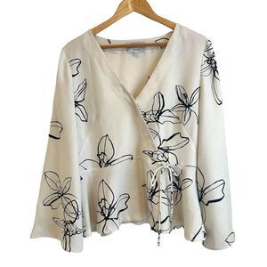 Veronika Maine Ivory and Black Floral Faux Wrap Bell Sleeve Blouse